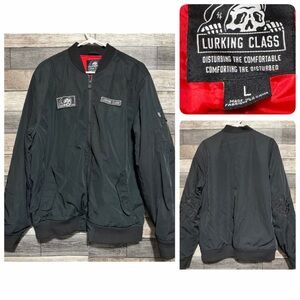 Lurking Class Bomber Jacket Men’s L Black Full Zip Patches Embroidered